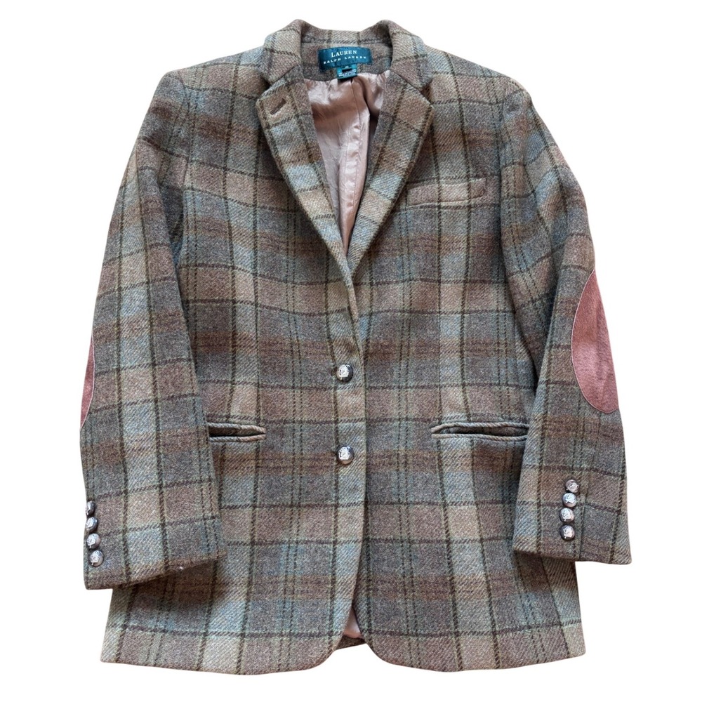 Vintage Ralph Lauren Plaid Wool Blazer Brown Green Elbow‎ Patches Equestrian 10